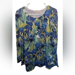 Jess & Jane Van Gogh Irises Print Blue Floral Long Sleeve Top Size 1X EUC Boho